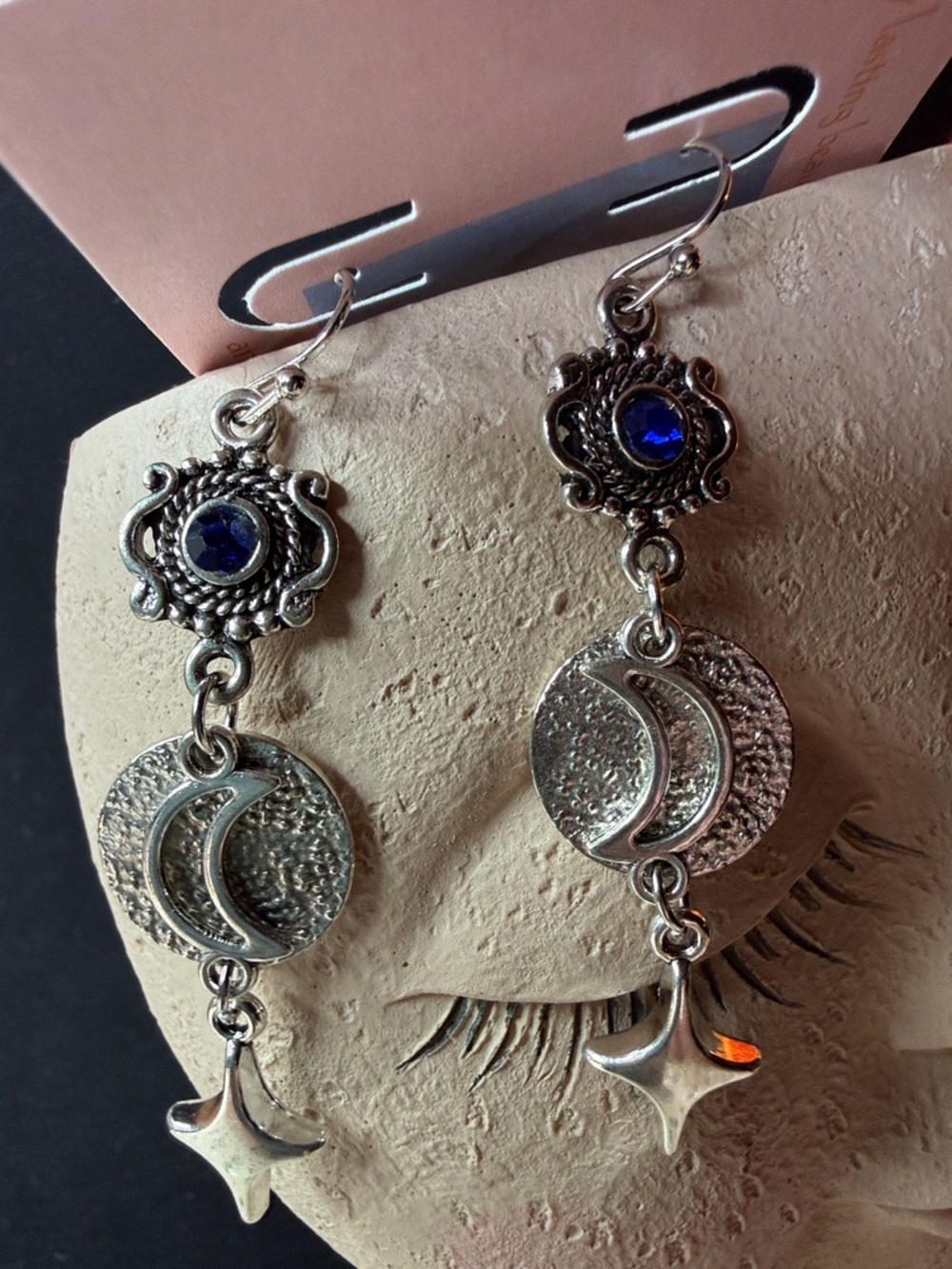 Silver Moon & Blue rhineStone Drop Earrings